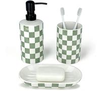 Bathroom Toothbrush Holder Set, Ceramic Soap Dispenser and Tooth Brush Holder and Soap Dish Set, Bathroom Accessories Sets Countertop, Sage Green Checkered Bathroom Decor Set