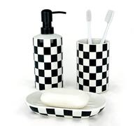 Bathroom Toothbrush Holder Set, Ceramic Soap Dispenser and Tooth Brush Holder and Soap Dish Set, Bathroom Accessories Sets Countertop, Black and White Checkered Bathroom Decor Set