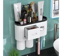 Bathroom Toothbrush Holder Wall Mounted Automatic Electric Toothpaste Dispenser with Toothpaste Squeezer,Magnetic Cup,Storage Drawer and 4 Toothbrush Organizer Slots(Black, 2 cups)