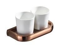 Bathroom Toothbrush Tumbler Holder with Glass Cup Wall Mounted, Brass Bathroom Accessories Double Toothbrush Holder Cup Holder with Two White Ceramic Tumbler for Bathroom,Rose Gold