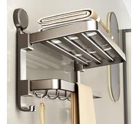 Bathroom Towel Holder, 2 Tier Towel Bar with Shelf 90° Foldable, Suction cup Towel Rail Wall Mounted Towel Rack, with Hooks, Storage Organizer, for Bathroom Lavatory grey