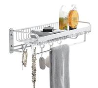 Bathroom Towel Holder Space Aluminum Towel Rack Storage Holder Wall Mounted Rail Bar For Bathroom Kitchen With Hooks Single Compact Bathroom Storage(57cm)