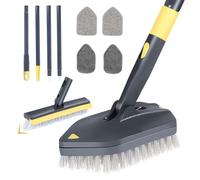 Bathroom Tub and Tile Scrubber, 4 in 1 Long Handled Shower Cleaning Brush with Replaceable Grout Brush Stiff Bristles Brush Scouring Pad and Microfiber Cloth for Toilet Sink Glass Wall Floor