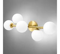 Bathroom Vanity Lights, 5-Light Bathroom Light Fixtures, Mid Century Modern Brass Bathroom Light Ceiling Light, Wall Sconces Semi-Flush Mount Light Fixture with Milk Globe Glass, Brass Gold, G9 Base
