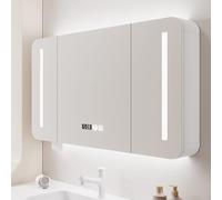 Bathroom vanity mirror with storage Rounded corners,Solid wood smart medicine cabinet with mirror and lights,LED Vanity Mirror Cabinet with Defogger,Clock and Temper Display,3 Color Light Di