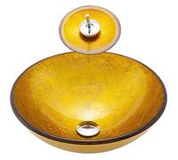 Bathroom Vanity Wash Vessel Sink Above Counter, Golden Wrinkled Foil Vessel Vanity Sink Tempered Glass Above Counter Bathroom Lavatory Bowl Artistic Wash Basin Comb