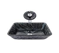 Bathroom Vessel Sink Artistic Tempered Glass Black and Gray Bowl Countertop Vanity with Waterfall Faucet Pop Up Drain Combo (Round) (Rectang