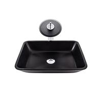 Bathroom Vessel Sink Artistic Tempered Glass Black Bowl Countertop Vanity with Waterfall Faucet and Pop Up Drain Combo (Round B) (Rectangle a)