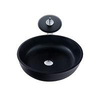 Bathroom Vessel Sink Artistic Tempered Glass Black Bowl Countertop Vanity with Waterfall Faucet and Pop Up Drain Combo (Round B)