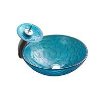 Bathroom Vessel Sink Artistic Tempered Glass Blue Bowl Round Countertop Vanity with Waterfall Faucet and Pop Up Drain Combo
