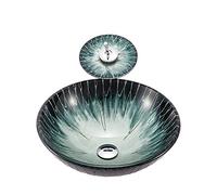 Bathroom Vessel Sink Artistic Tempered Glass Green Gradient Bowl Round Countertop Vanity with Waterfall Faucet and Drain Combo