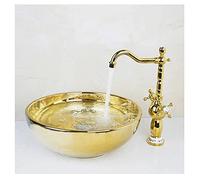Bathroom Vessel Sink, Bathroom Vessel Sink Faucet Set Tempered Glass Brass 16x6 Inch Gold Pack of 1 Set