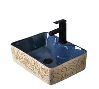 Bathroom Vessel Sink Blue Countertop Basin Small Square Ceramic Washbasin Balcony Indoor with Floral Pattern Vanity Basin