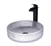 Bathroom Vessel Sink Crystal Glass Vessel Bowl Sink Round Vessel Sink Counter Top Installation Bathroom Vanity Sinks with Matte Black Brass Waterfall Faucet Set, Pop Up Drain (Red) (Transparent )