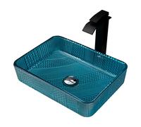 Bathroom Vessel Sink Crystal Glass Vessel Sink Basin Rectangle Vessel Sink Counter Top Installation Bathroom Vanity Sinks Art Basin with Black Waterfall Faucet Set Brass Pop Up Drain (Yellow) (Blue )
