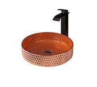 Bathroom Vessel Sink Crystal Glass Vessel Sink Combo Round Vessel Sink Counter Top Installation Bathroom Vanity Sinks with Matte Black Waterfall Faucet Set, Brass Pop Up Drain (Silver) (Orange )