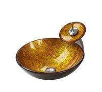 Bathroom Vessel Sink, Gold Round Tempered Glass Sink Modern Artistic Vanity Sinks with Waterfall Faucet, Pop Up Drain and Mounting Ring,C (Gold)