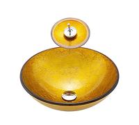 Bathroom Vessel Sink, Gold Tempered Glass Sink Artistic Bowl Countertop Vanity with Pop Up Drain Combo, Waterfall Faucet (Round)