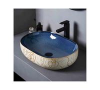 Bathroom Vessel Sink Large Bathroom Indoor Household Balcony Basin Blue Ceramic with Floral Pattern Vanity Basin