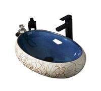 Bathroom Vessel Sink Large Oval Blue Countertop Ceramic Washbasin Balcony Indoor with Floral Pattern Vanity Basin