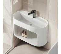 Bathroom Vessel Sink - Oval Floating Ceramic Wash Basin with Tap & Drain, Wall Mount Design, Ideal for Tiny Homes and RVs, Easy to Install