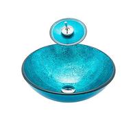 Bathroom Vessel Sink Round Blue Tempered Glass Artistic Bowl Countertop Vanity with Waterfall Faucet, Pop Up Drain Combo
