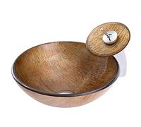 Bathroom Vessel Sink Round Brown Tempered Glass Artistic Bowl Countertop Vanity with Waterfall Faucet, Pop Up Drain Combo (Style a)