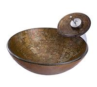 Bathroom Vessel Sink Round Brown Tempered Glass Artistic Bowl Countertop Vanity with Waterfall Faucet, Pop Up Drain Combo (Style a) B)