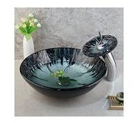 Bathroom Vessel Sink, Round Tempered Glass Vessel Sink with Waterfall Faucet, Chrome Pop-Up Drain 41.5x14cm