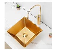 Bathroom Vessel Sink, Square 304 Stainless Steel Vessel Sink Set with Faucet Drain Gold 35x35x13cm