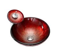 Bathroom Vessel Sink,Tempered Glass Sink, Red Round Wash Basin Bowl Waterfall Mixer Chrome Brass Faucets Pop-Up Drain with Cold & Hot Water