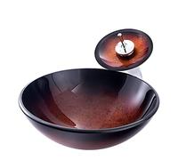 Bathroom Vessel Sink, Tempered Glass Sink Round Red Brown Bowl Artistic Countertop Vanity with Pop Up Drain Combo, Waterfall Faucet