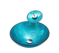 Bathroom Vessel Sink Vanity Tempered Glass Bowl Round Blue Countertop Above Counter Art Basin with Waterfall Faucet
