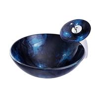Bathroom Vessel Sink Vanity Tempered Glass Bowl Round Navy Blue Countertop Above Counter Art Basin with Waterfall Faucet, Pop Up Drain