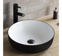 Bathroom Vessel Sink with Faucet, Above Counter Sink Household Small Ceramic Round Wash Basin Console Sinks for Apartment Balcony Cloakroom(Black C)
