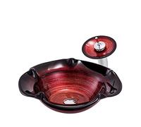 Bathroom Vessel Sink with Faucet and Drain Combo, Countertop Bowl Tempered Glass Vanity On The Top Sink, Flower Shape,Red (Red)