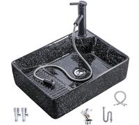 Bathroom Vessel Sinks with Washboard, Ceramic, Copper Pull Out Faucet, Black Laundry Sink, for Laundry Room, Balcony(580x400x140mm)