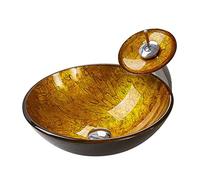 Bathroom Vessel SXSLTSA,16.5" Tempered Glass SXSLTSA Yellow Artistic Basin Bowl Set Countertop with Waterfall Faucet and Pop-Up Drain