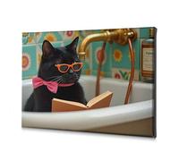 Bathroom Wall Art A Black Cat Wearing Sunglasses Reads A Book In A Bathtub. Canvas Decorative Picture Easter Decor Christian Easter Decor(30x40cm)