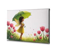 Bathroom Wall Art A Fairy With Yellow Wings Holds A Green Umbrella In A Field Of Pink Tulips. Canvas Decorative Picture Easter Decor Christian Easter Decor(30x40cm)