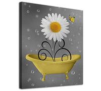 Bathroom Wall Art Daisy Canvas Pictures Modern Flower Bathtub Artwork Rustic Wood Board Background Contemporary Wall Art Decor Bedroom Living Room Office Home Framed Ready to Hang Yellow 12" x 16"