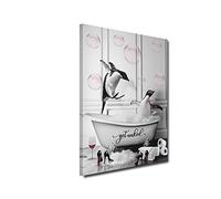 Bathroom Wall Art-Penguins In Bathtub with Pink Bubbles Funny Animals Pictures Wall Decor Black and White Canvas Prints Paintings for Home Decorations Framed Ready To Hang (Poster-1, 12"x18")