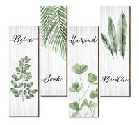 Bathroom Wall Decor 4 Pieces Relax Soak Unwind Breathe with Boho Leaf Art Print Minimalist Bathroom Signs Boho Botanical Wooden Hanging Wall Art Decors for Farmhouse Home Bathroom Laundry (Green)