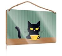 Bathroom Wall Decor Funny A Black Cat with Yellow Eyes is Sitting At A Table, Holding A Cup Hanging Decor Outdoor Porch Funny Door Frame Sign(23X35CM)