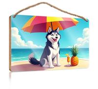 Bathroom Wall Decor Funny A Happy Husky Enjoys A Tropical Drink On The Beach Hanging Decor Outdoor Porch Funny Door Frame Sign(20X30CM)