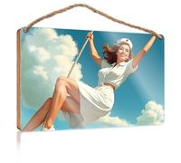 Bathroom Wall Decor Funny A Nurse in White Uniform Swinging On A Rope Against A Blue Sky with Clouds Hanging Decor Outdoor Porch Funny Door Frame Sign(20X30CM)