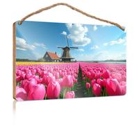 Bathroom Wall Decor Funny A Picturesque Windmill Stands Amidst Vibrant Tulip Fields Under A Bright Blue Sky Hanging Decor Outdoor Porch Funny Door Frame Sign(15X28CM)