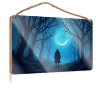 Bathroom Wall Decor Funny A Solitary Figure Stands in A Dark, Eerie Forest Under A Swirling Crescent Moon Hanging Decor Outdoor Porch Funny Door Frame Sign(23X35CM)