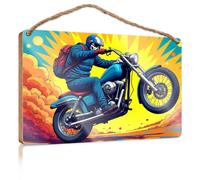 Bathroom Wall Decor Funny Rider On Motorcycle Soaring Through Vibrant Sky Hanging Decor Outdoor Porch Funny Door Frame Sign(20X30CM)