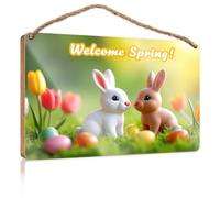 Bathroom Wall Decor Funny Two Bunnies Sit in Grass with Colorful Eggs and Tulips Hanging Decor Outdoor Porch Funny Door Frame Sign(23X35CM)